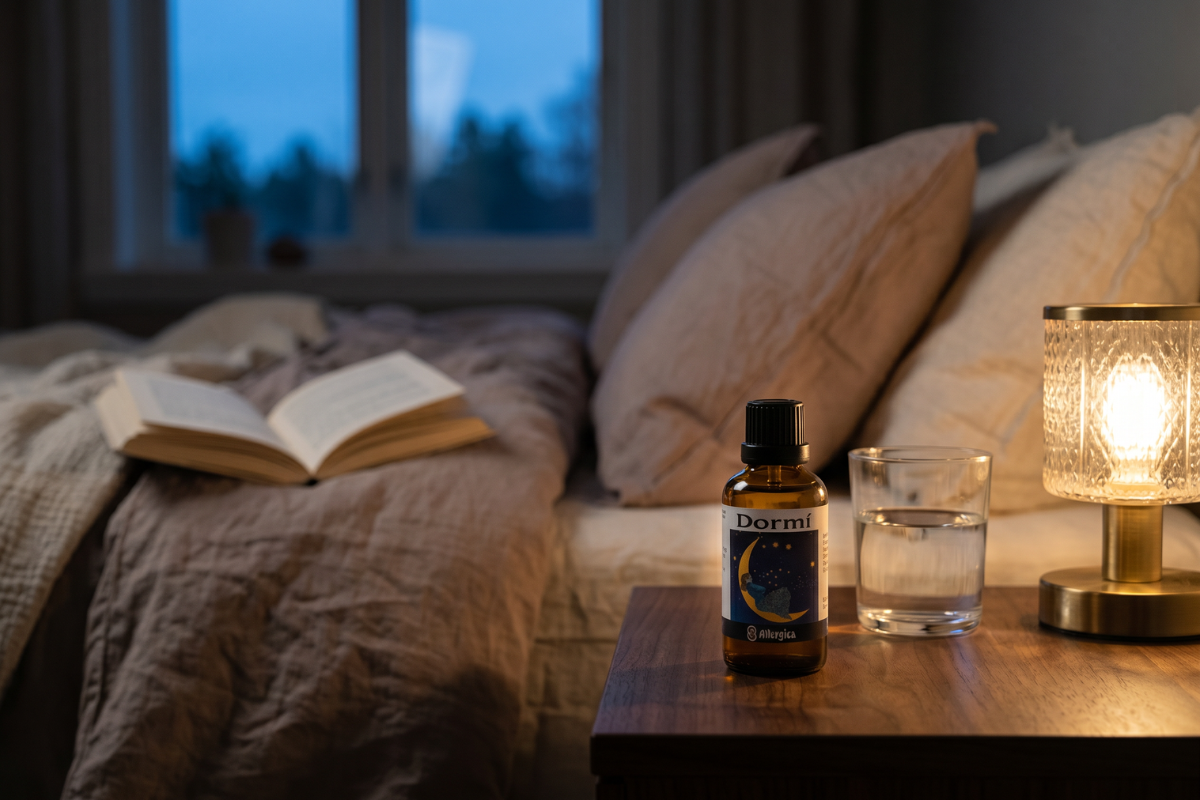 Den klassiske m�rkebrune apoteker-glasflaske fra Allergica. Etiketten har en dyb nattebl� baggrund med en dr�mmende illustration af en kvinde, der hviler roligt p� en lysende gul halvm�ne omgivet af stjerner. Flasken indeholder 50 ml dr�ber og har en indbygget dr�bet�ller.