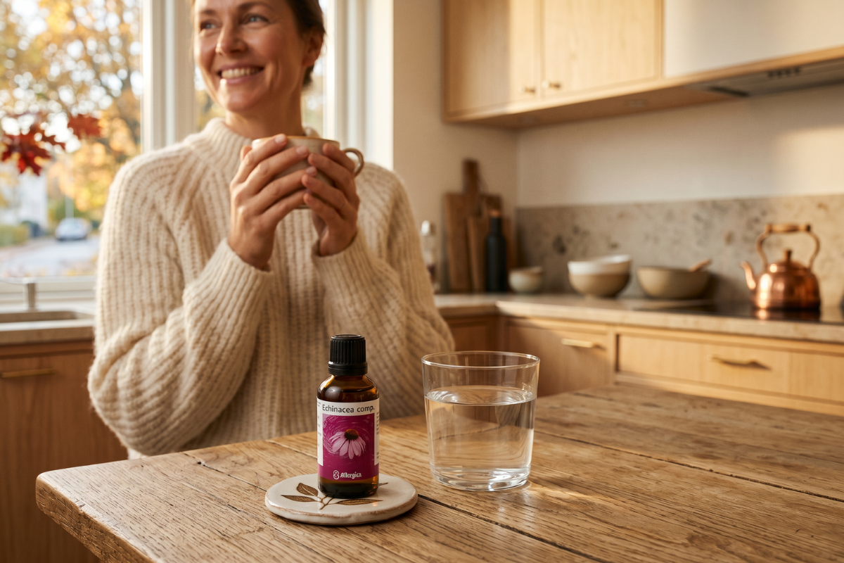 Den klassiske m�rkebrune apoteker-glasflaske fra Allergica. Etiketten har et roligt, klinisk og stilrent hvidt/gr�t design med et motiv af en purpurr�d Echinacea-blomst (Solhat). Flasken indeholder 50 ml dr�ber og har en indbygget dr�bet�ller.
