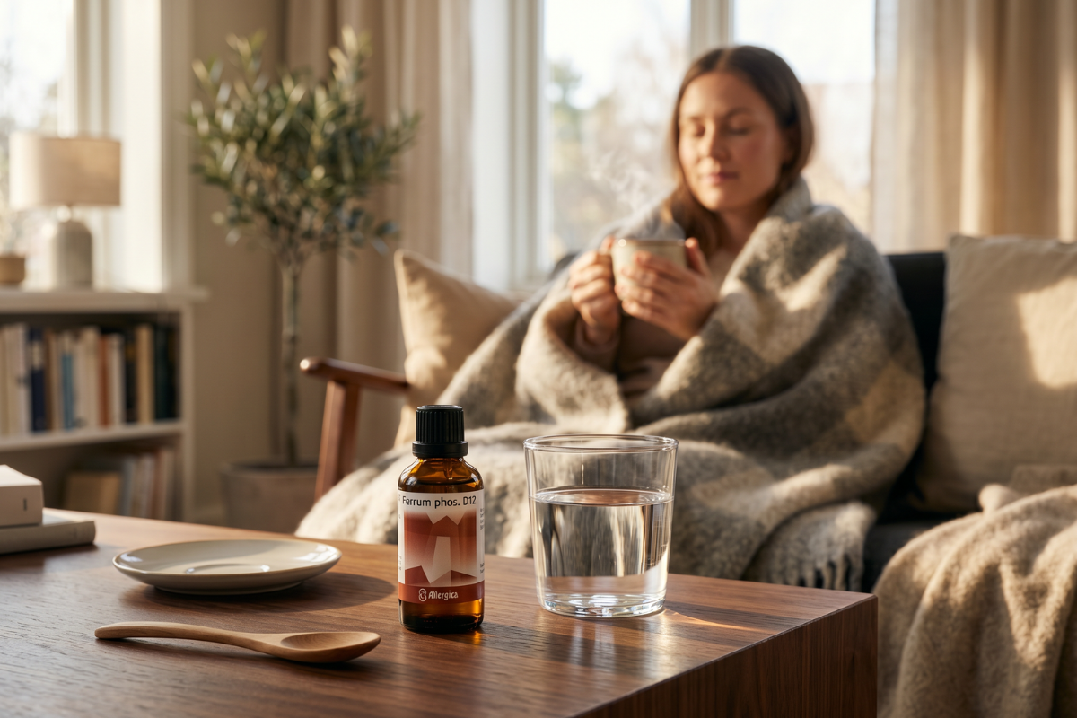Den klassiske m�rkebrune apoteker-glasflaske fra Allergica. Etiketten har et flot, geometrisk motiv malet i rustr�de, jordbundne og varme ferskenfarvede nuancer, der symboliserer jern og krystallinsk struktur. Flasken indeholder 50 ml dr�ber og har en indbygget dr�bet�ller.