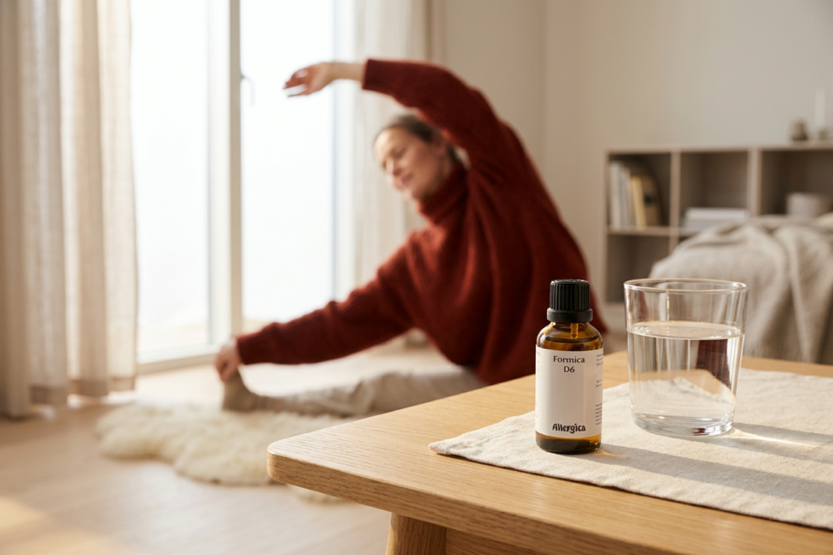 Den klassiske m�rkebrune apoteker-glasflaske fra Allergica. Etiketten har et roligt, klinisk og stilrent hvidt/gr�t design med navnet Formica D6 tydeligt centreret. Flasken indeholder 50 ml dr�ber og har en indbygget dr�bet�ller.