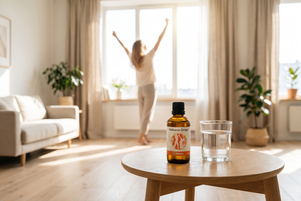 Den klassiske m�rkebrune apoteker-glasflaske fra Allergica. Etiketten har en varm orange baggrund der forestiller en lysende sol, med hvide silhuetter af mennesker, der hopper i gl�de og overskud. Flasken indeholder 50 ml dr�ber og har en indbygget dr�bet�ller.