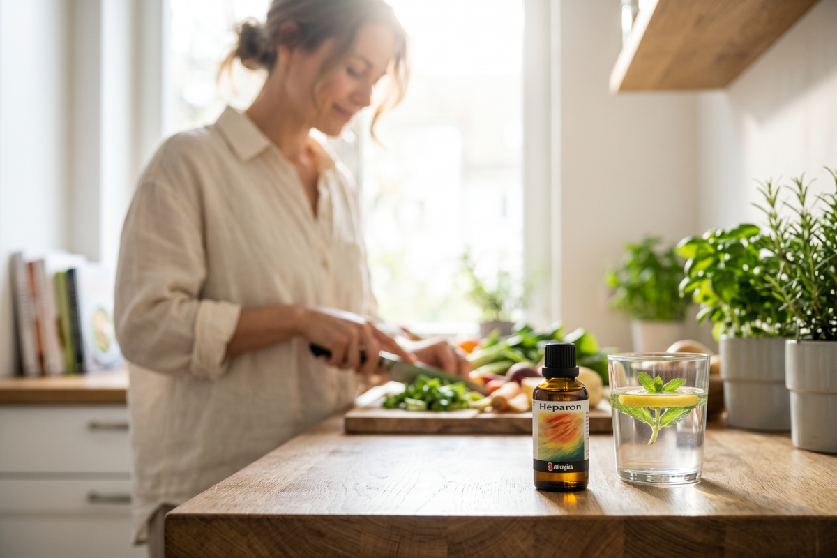 Den klassiske m�rkebrune apoteker-glasflaske fra Allergica. Etiketten har et smukt, abstrakt motiv malet med penselstr�g af gule, varme orange og jordbundne gr�nne nuancer. Flasken indeholder 50 ml dr�ber og har en indbygget dr�bet�ller.