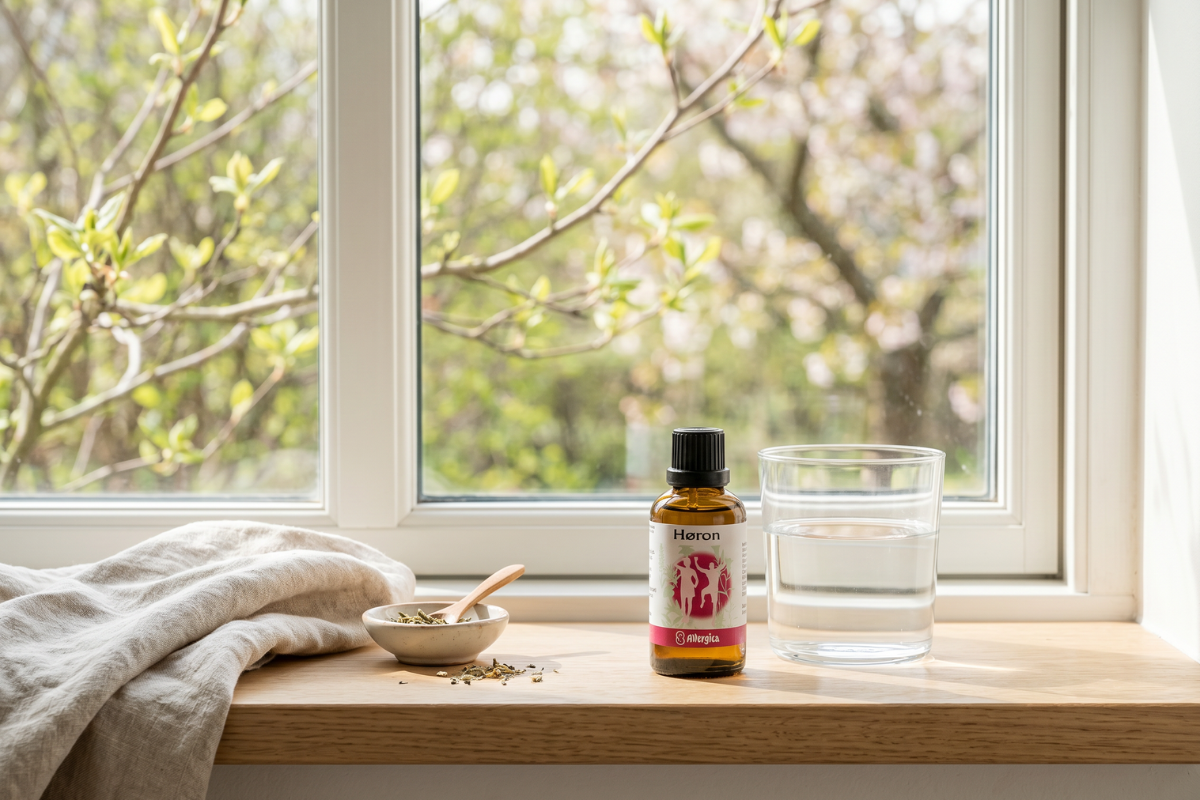 Den klassiske m�rkebrune apoteker-glasflaske fra Allergica. Etiketten har en r�d cirkel med silhuetter af aktive, glade mennesker p� en lys, botanisk baggrund. Flasken indeholder 50 ml dr�ber og har en indbygget dr�bet�ller.