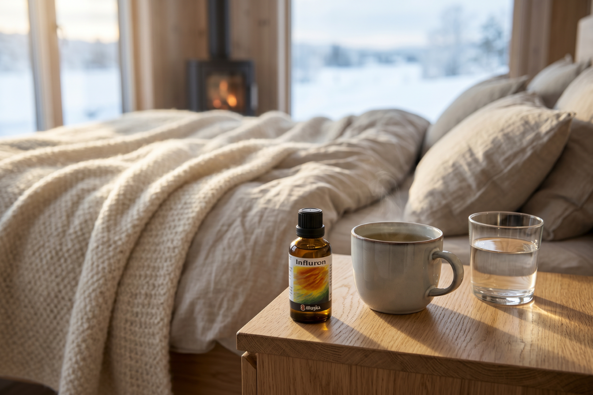 Den klassiske m�rkebrune apoteker-glasflaske fra Allergica. Etiketten illustrerer en varm, flammende solnedgang i gule, orange og gr�nne nuancer, der symboliserer den indre varme. Flasken indeholder 50 ml dr�ber og har en indbygget dr�bet�ller.