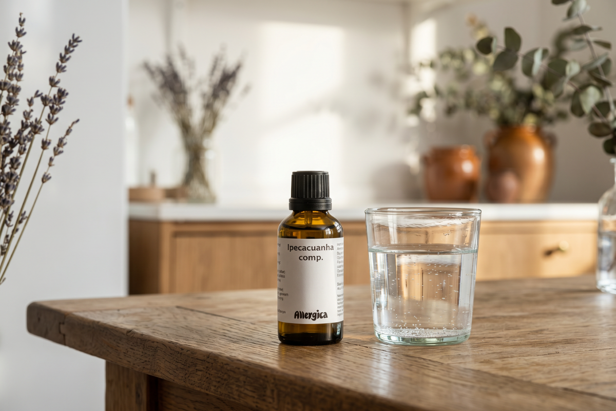 Den klassiske m�rkebrune glasflaske fra Allergica med hvid etiket. Flasken indeholder 50 ml Ipecacuanha comp. dr�ber med en praktisk indbygget dr�bet�ller i toppen.