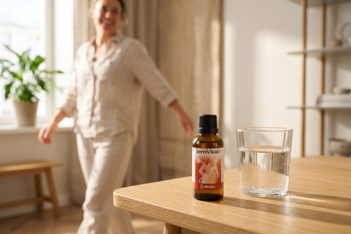 Den klassiske m�rkebrune apoteker-glasflaske fra Allergica. Etiketten har et varmt, rustr�dt design med silhuetter af aktive mennesker, der symboliserer kropslig dynamik og vitalitet. Flasken indeholder 50 ml dr�ber og har en indbygget dr�bet�ller.