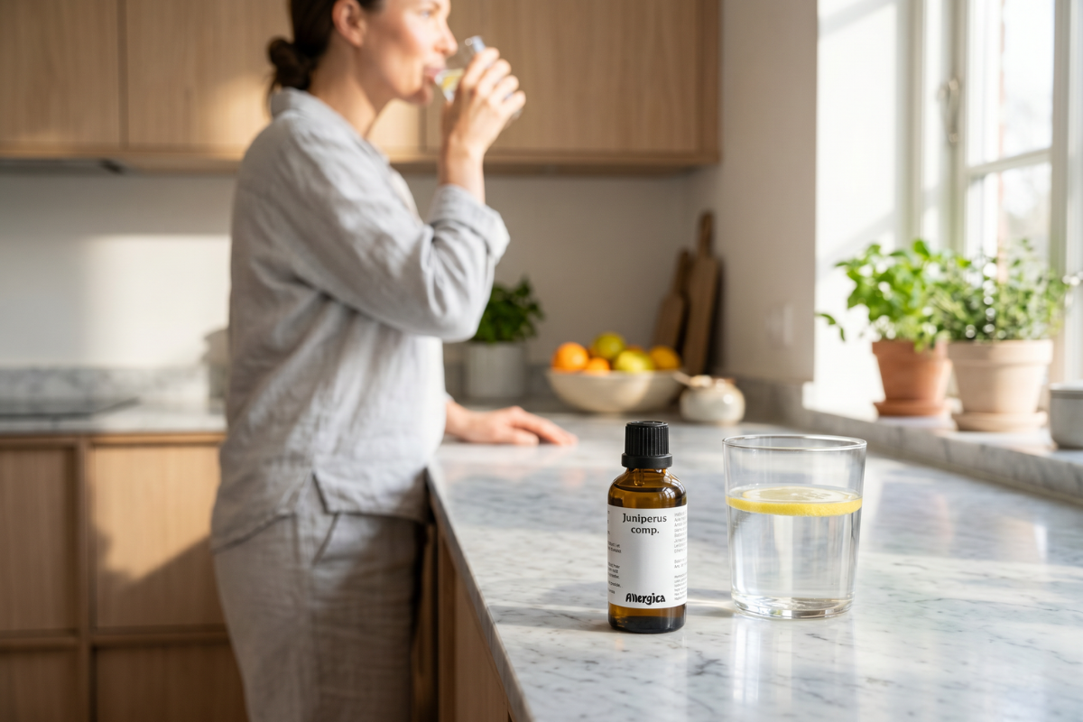 Den klassiske m�rkebrune apoteker-glasflaske fra Allergica. Etiketten har et roligt, klinisk og stilrent design prydet med dybe fyrregr�nne og m�rkebl� geometriske detaljer. Flasken indeholder 50 ml dr�ber og har en indbygget dr�bet�ller.