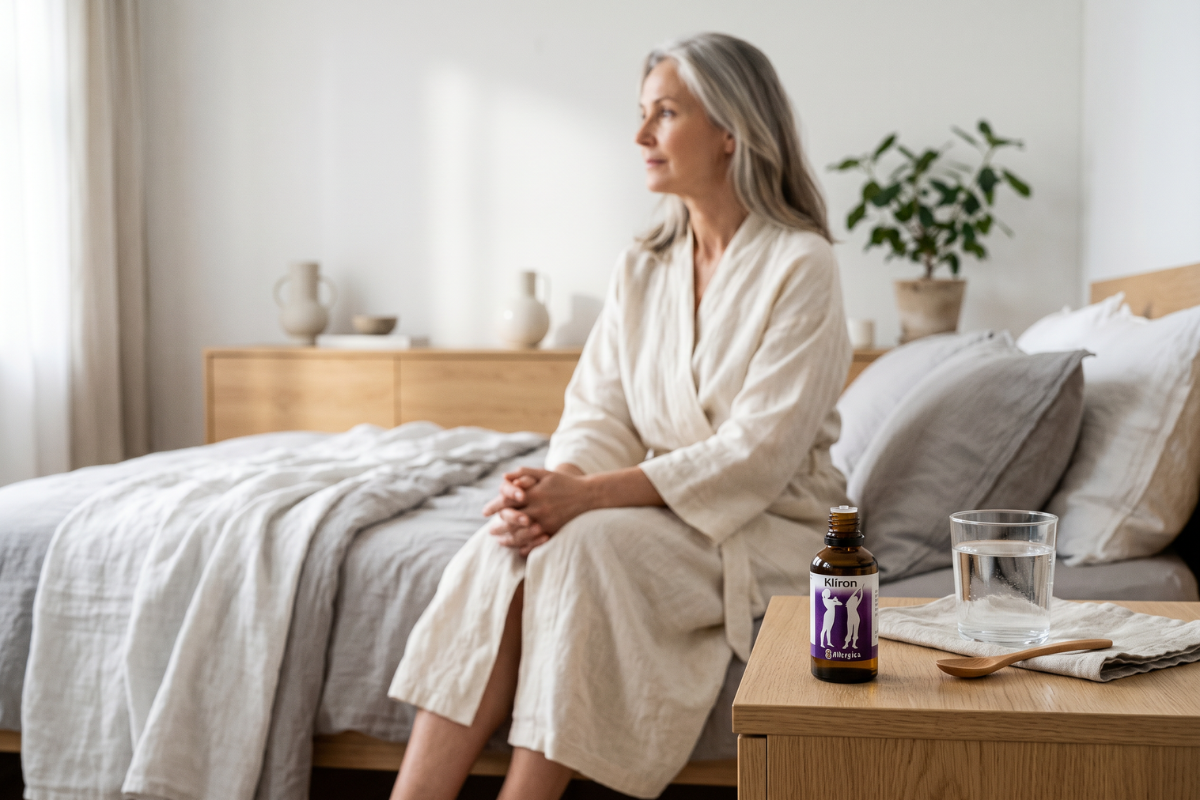 Den klassiske m�rkebrune apoteker-glasflaske fra Allergica. Etiketten har en violet baggrund med hvide silhuetter af kvinder, der str�kker sig og finder balance. Flasken indeholder 50 ml dr�ber og har en indbygget dr�bet�ller.