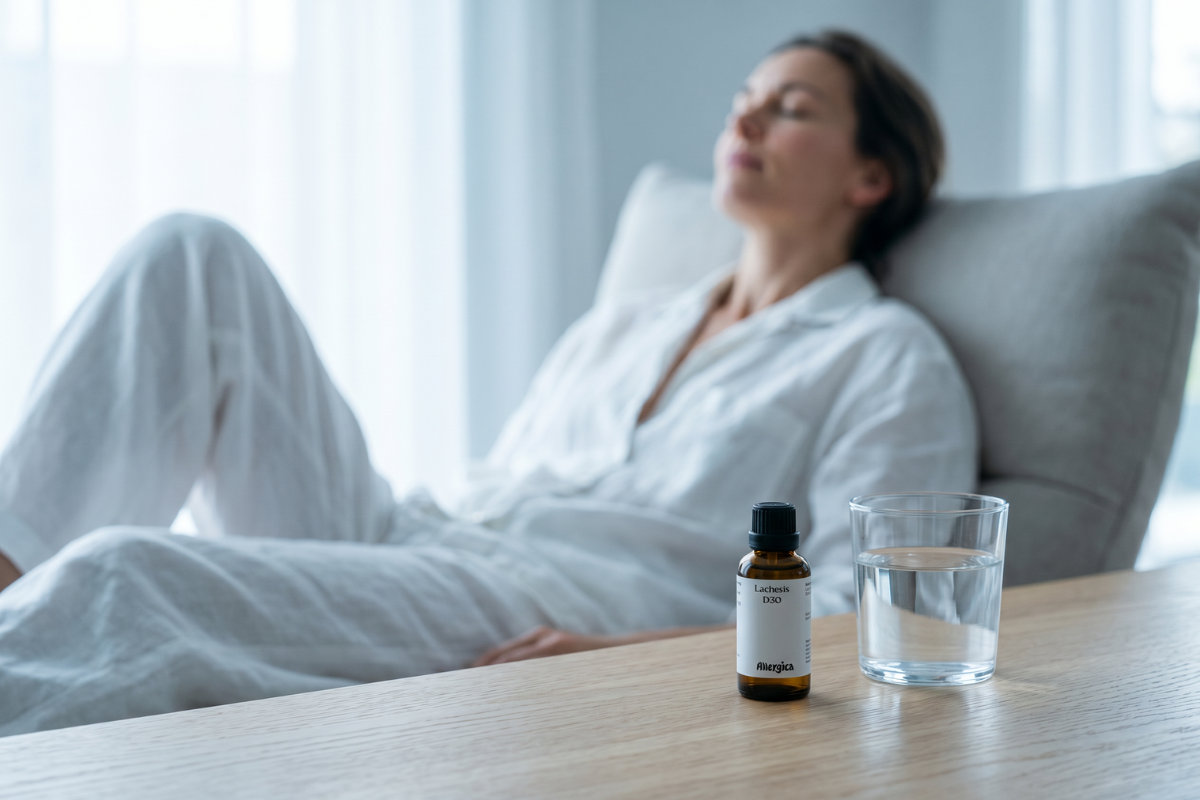 Den klassiske m�rkebrune apoteker-glasflaske fra Allergica. Etiketten har et roligt, klinisk og stilrent hvidt/gr�t design med navnet Lachesis D30 tydeligt centreret. Flasken indeholder 50 ml dr�ber og har en indbygget dr�bet�ller.