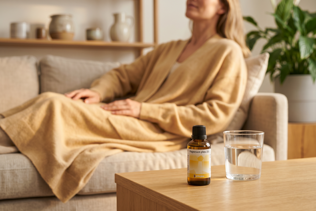 Den klassiske m�rkebrune apoteker-glasflaske fra Allergica. Etiketten har et roligt, klinisk og stilrent design med et varmt, gyldent geometrisk m�nster, der signalerer afsp�nding. Flasken indeholder 50 ml dr�ber og har en indbygget dr�bet�ller.