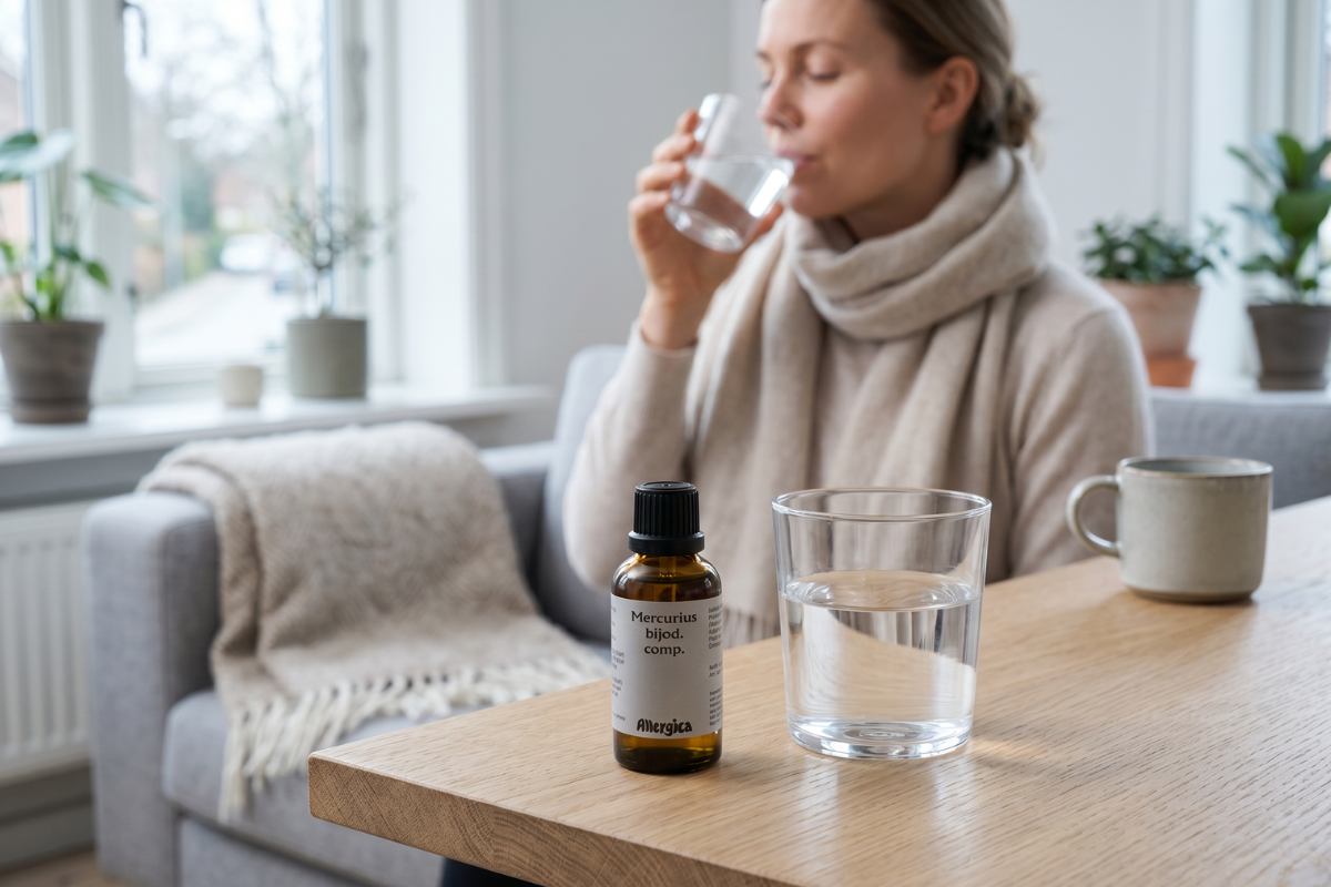 Den klassiske m�rkebrune apoteker-glasflaske fra Allergica. Etiketten har et roligt, stilrent hvidt design med navnet Mercurius bijod. comp. tydeligt centreret. Flasken indeholder 50 ml dr�ber og har en indbygget dr�bet�ller.