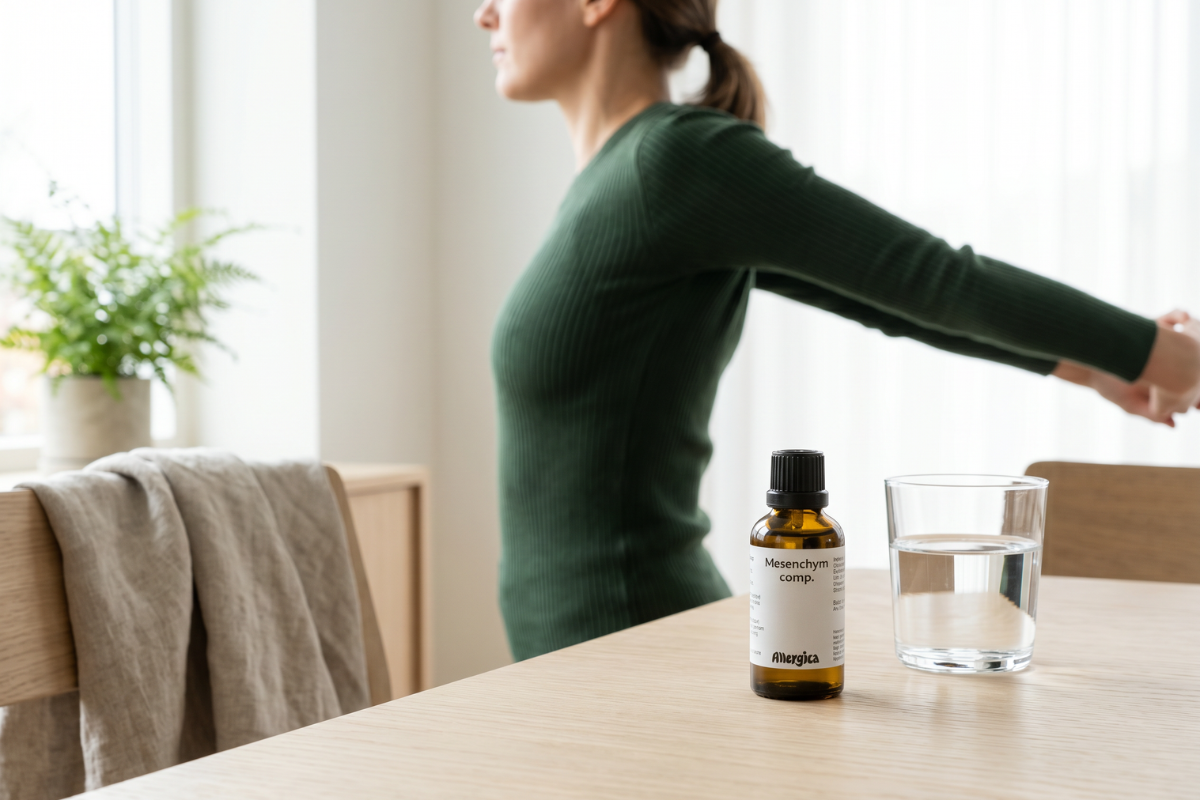 Den klassiske m�rkebrune apoteker-glasflaske fra Allergica. Etiketten har et roligt, klinisk og stilrent hvidt/gr�t design med navnet Mesenchym comp. tydeligt centreret. Flasken indeholder 50 ml dr�ber og har en indbygget dr�bet�ller.