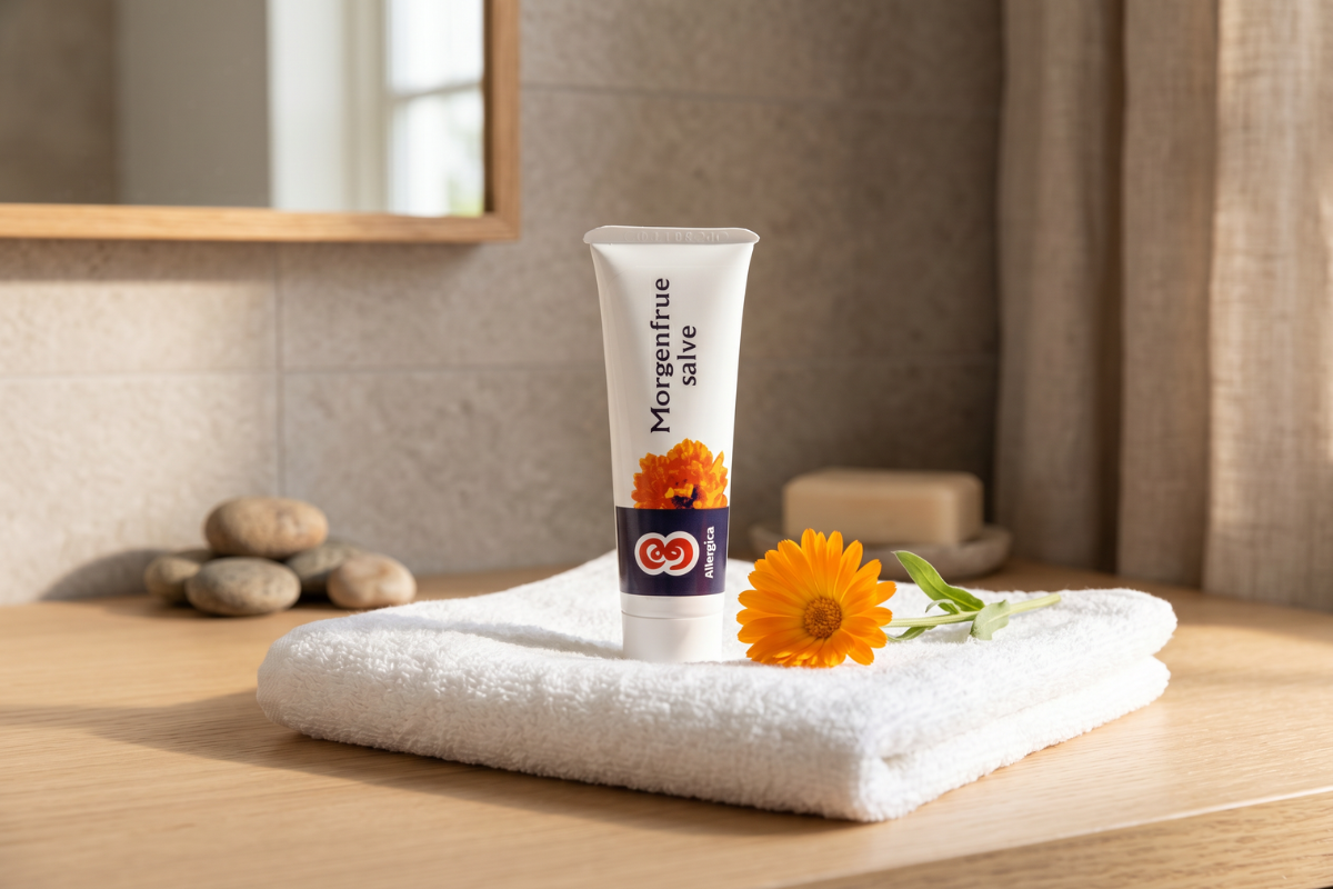 En hvid tube med Allergica Morgenfrue salve. P� tuben ses et smukt billede af en orange Morgenfrue-blomst, som afspejler indholdet af Calendula.