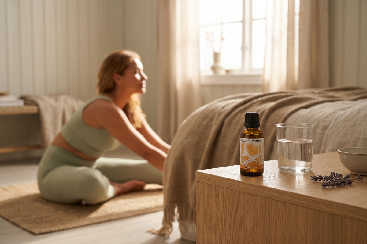 Den klassiske m�rkebrune apoteker-glasflaske fra Allergica. Etiketten har en varm, gylden ferskenfarvet baggrund med hvide silhuetter af kvinder, der str�kker sig i harmoniske yogastillinger. Flasken indeholder 50 ml dr�ber og har en indbygget dr�bet�ller.