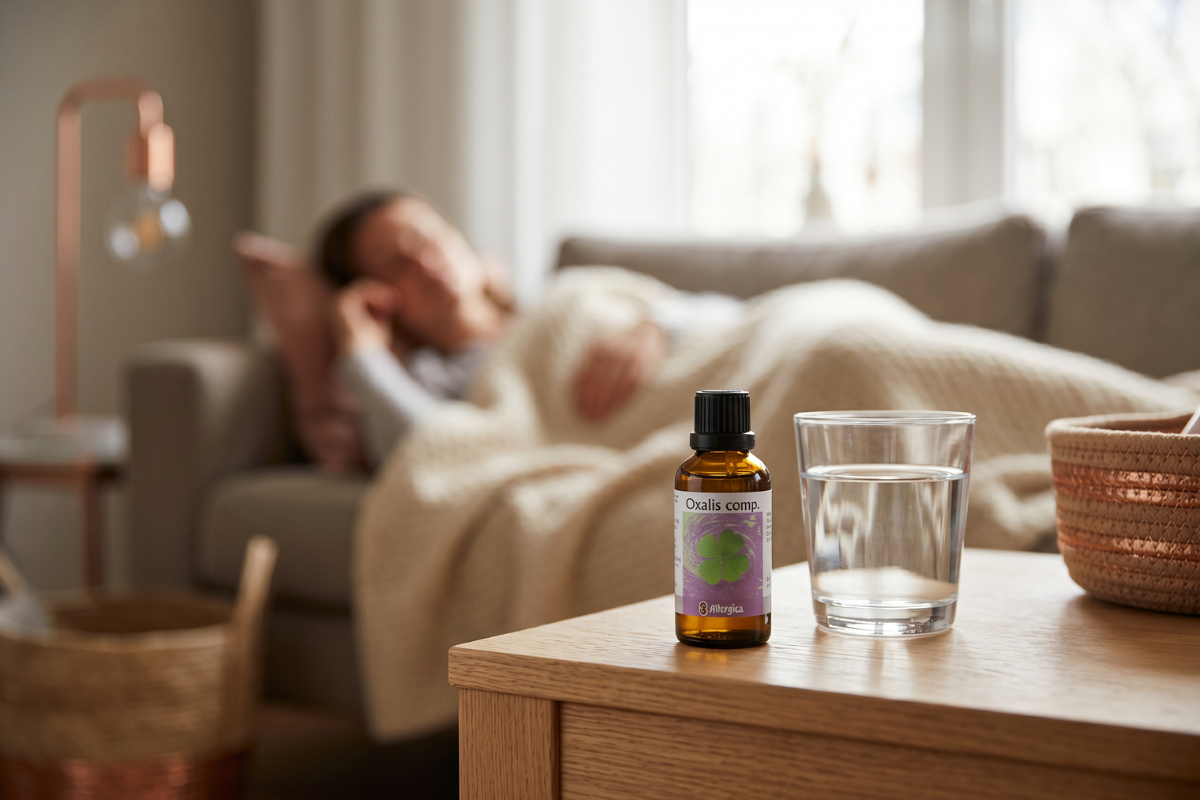Den klassiske m�rkebrune apoteker-glasflaske fra Allergica. Etiketten har en lilla baggrund med et motiv af et gr�nt skovsyre-blad (Oxalis). Flasken indeholder 50 ml dr�ber og har en indbygget dr�bet�ller.