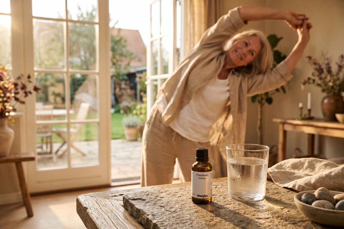 Den klassiske m�rkebrune apoteker-glasflaske fra Allergica. Etiketten har et roligt, klinisk og stilrent hvidt/gr�t design med navnet Plumbum comp. tydeligt centreret. Flasken indeholder 50 ml dr�ber og har en indbygget dr�bet�ller.