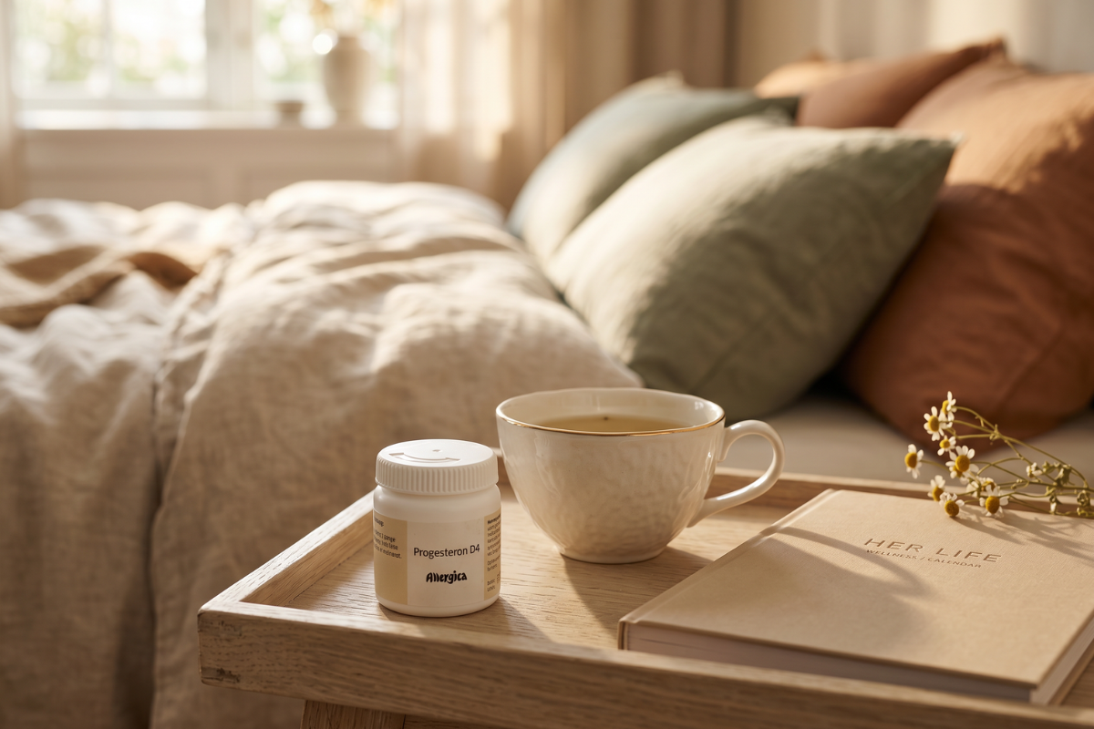 En hvid plastd�se fra danske Allergica med et klassisk skruel�g. Etiketten har en varm beige stribe og b�rer navnet Progesteron D4. D�sen indeholder 90 hom�opatiske laktosetabletter.