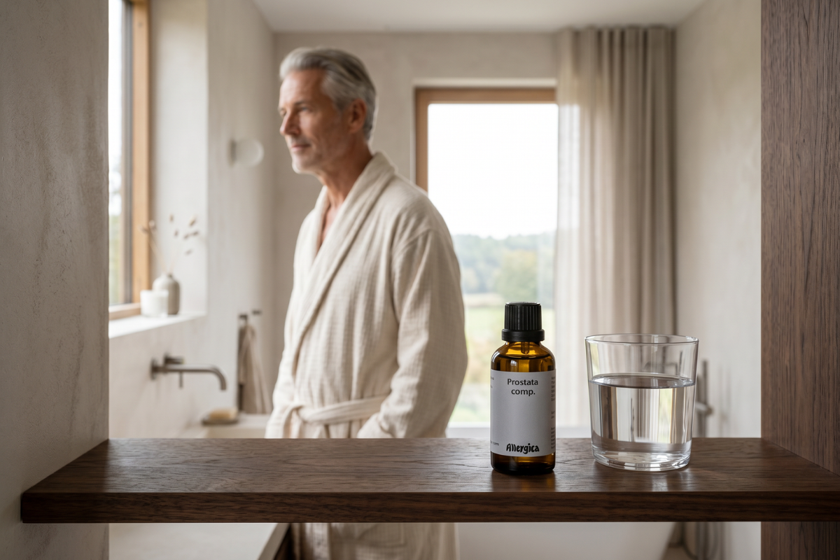 Den klassiske m�rkebrune apoteker-glasflaske fra Allergica. Etiketten har et roligt, hvidt og stilrent design med navnet Prostata comp. Flasken indeholder 50 ml dr�ber og har en praktisk indbygget dr�bet�ller i toppen.