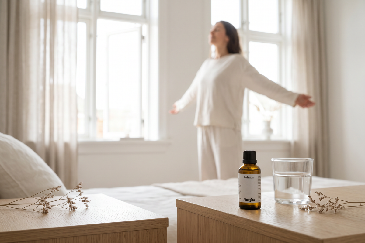 Den klassiske m�rkebrune apoteker-glasflaske fra Allergica. Etiketten har et roligt, stilrent hvidt/gr�t design med navnet Pulmon centreret, hvilket udstr�ler renhed. Flasken indeholder 50 ml dr�ber og har en indbygget dr�bet�ller.