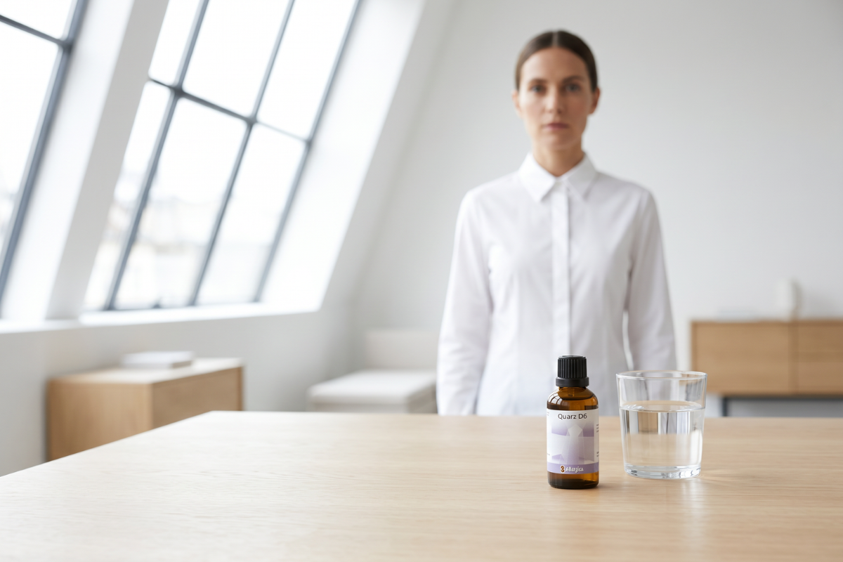 Den klassiske m�rkebrune apoteker-glasflaske fra Allergica. Etiketten har et roligt, klinisk design med et stiliseret krystalmotiv i sarte lavendeltoner. Flasken indeholder 50 ml dr�ber og har en indbygget dr�bet�ller.