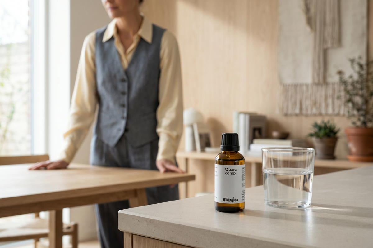 Den klassiske m�rkebrune apoteker-glasflaske fra Allergica. Etiketten har et roligt, klinisk og stilrent hvidt/gr�t design med navnet Quarz comp. tydeligt centreret. Flasken indeholder 50 ml dr�ber og har en indbygget dr�bet�ller.