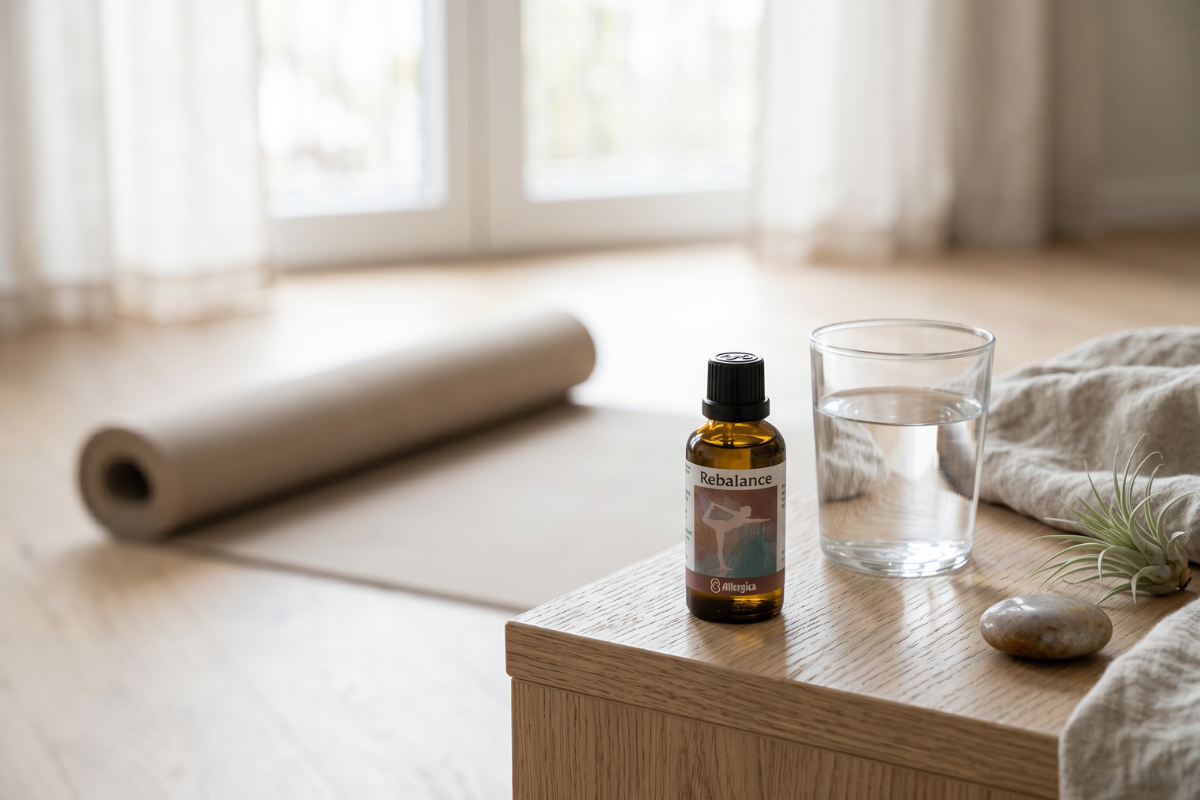 Den klassiske m�rkebrune apoteker-glasflaske fra Allergica. Etiketten har en afd�mpet, balanceret baggrund med silhuetten af en yogastilling. Flasken indeholder 50 ml dr�ber og har en indbygget dr�bet�ller.