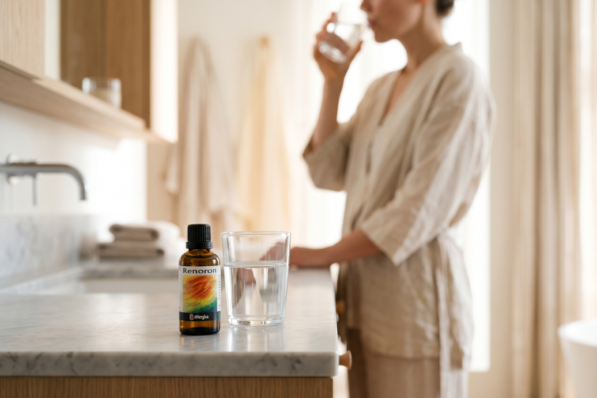 Den klassiske m�rkebrune apoteker-glasflaske fra Allergica. Etiketten har et varmt og abstrakt motiv malet i bl�de gyldne, ferskenfarvede og gr�nne nuancer, der leder tankerne hen p� planter og symmetrisk balance. Flasken indeholder 50 ml dr�ber og har en indbygget dr�bet�ller.