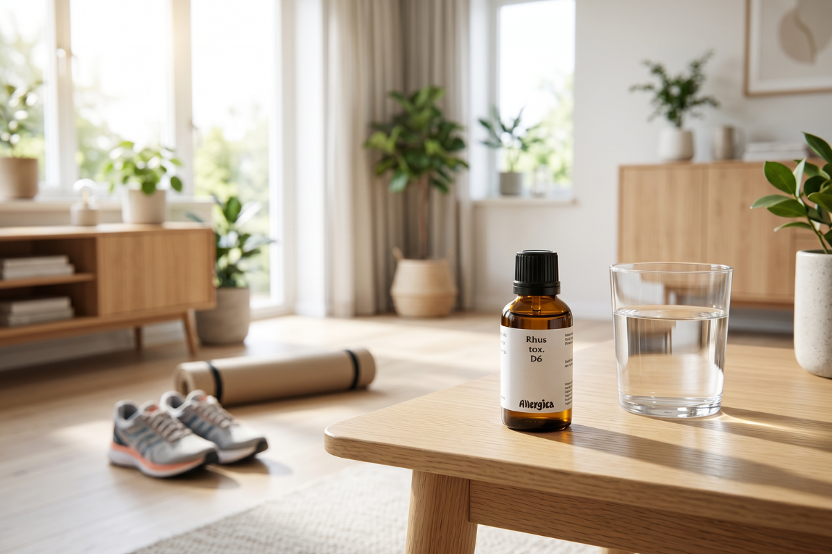 Den klassiske m�rkebrune glasflaske fra Allergica. Etiketten er enkel og hvid med navnet Rhus tox. D6. Flasken indeholder 50 ml dr�ber og har en praktisk indbygget dr�bet�ller.
