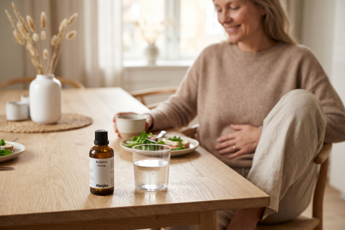 Den klassiske m�rkebrune apoteker-glasflaske fra Allergica. Etiketten har et roligt, klinisk og stilrent hvidt/gr�t design med navnet Robinia comp. tydeligt centreret. Flasken indeholder 50 ml dr�ber og har eine indbygget dr�bet�ller.