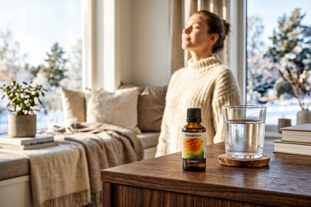 Den klassiske m�rkebrune apoteker-glasflaske fra Allergica. Etiketten har et varmt og abstrakt motiv malet med penselstr�g af gule, varme orange og gr�nne nuancer, der symboliserer lys, som bryder igennem stagnation. Flasken indeholder 50 ml dr�ber og har en indbygget dr�bet�ller.