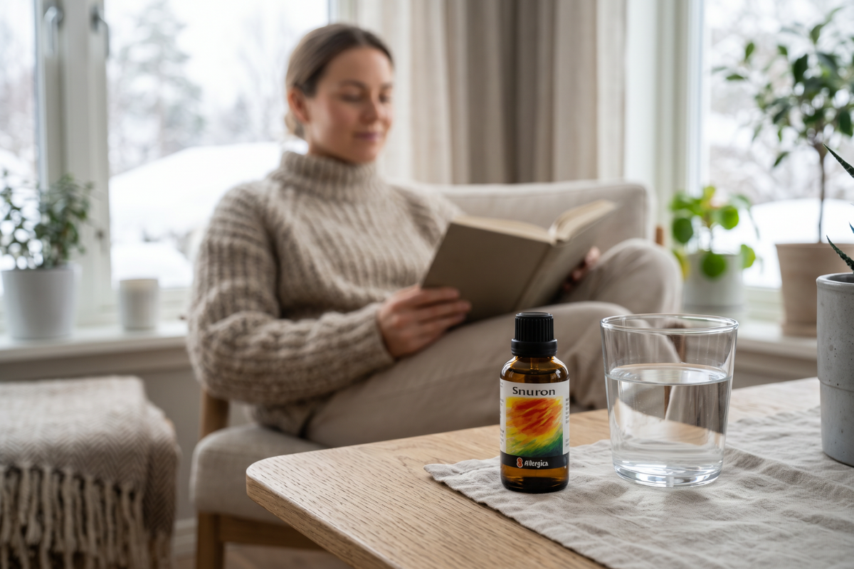 Den klassiske m�rkebrune apoteker-glasflaske fra Allergica. Etiketten har et varmt og abstrakt motiv malet med penselstr�g af gule, varme orange og gr�nne nuancer, der leder tankerne hen p� natur, sol og fornyet energi. Flasken indeholder 50 ml dr�ber og har en indbygget dr�bet�ller.