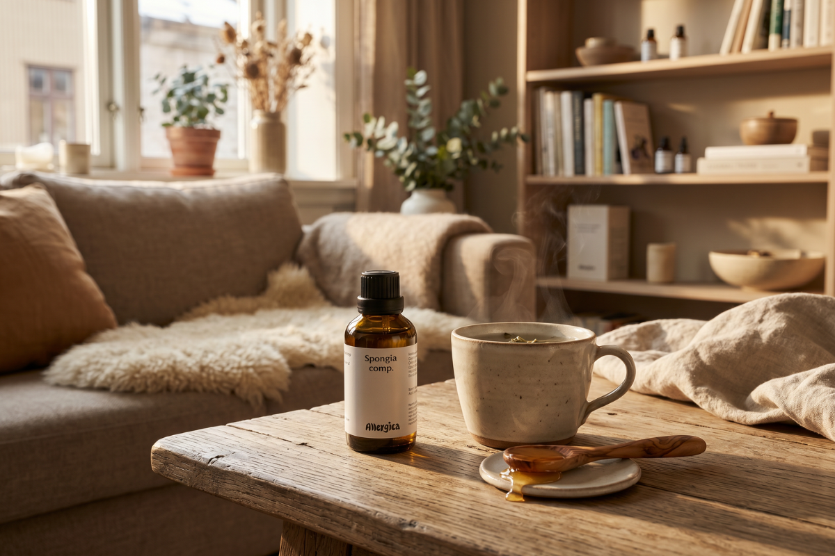 Den klassiske m�rkebrune glasflaske fra Allergica med hvid etiket. Flasken indeholder 50 ml Spongia comp. dr�ber med en praktisk indbygget dr�bet�ller i toppen.