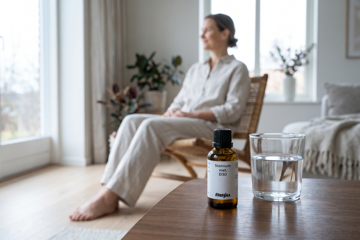 Den klassiske m�rkebrune apoteker-glasflaske fra Allergica. Etiketten har et roligt, klinisk og stilrent hvidt/gr�t design med navnet Stannum met. D30 tydeligt centreret. Flasken indeholder 50 ml dr�ber og har en indbygget dr�bet�ller.