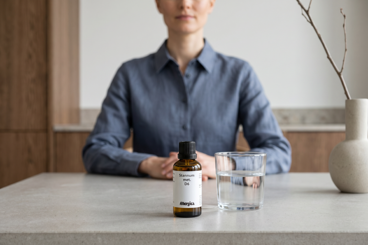 Den klassiske m�rkebrune apoteker-glasflaske fra Allergica. Etiketten har et roligt, klinisk og stilrent hvidt/gr�t design med navnet Stannum met. D6 tydeligt centreret. Flasken indeholder 50 ml dr�ber og har en indbygget dr�bet�ller.