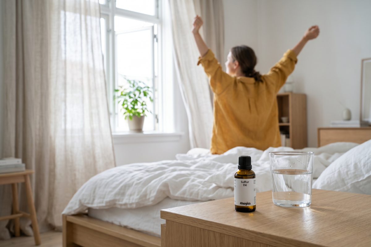 Den klassiske m�rkebrune apoteker-glasflaske fra Allergica. Etiketten har et roligt, klinisk og stilrent hvidt/gr�t design med navnet Sulfur D6 tydeligt centreret. Flasken indeholder 50 ml dr�ber og har eine indbygget dr�bet�ller.