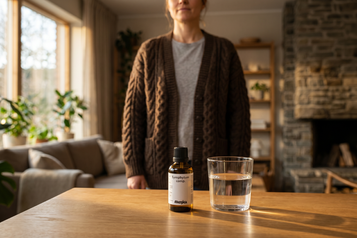 Den klassiske m�rkebrune apoteker-glasflaske fra Allergica. Etiketten har et roligt, klinisk og stilrent hvidt/gr�t design med navnet Symphytum comp. tydeligt centreret. Flasken indeholder 50 ml dr�ber og har en indbygget dr�bet�ller.