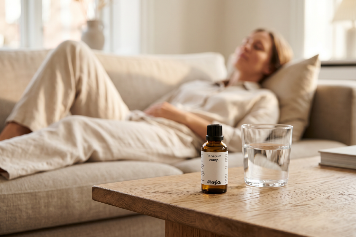 Den klassiske m�rkebrune apoteker-glasflaske fra Allergica. Etiketten har et roligt, klinisk og stilrent hvidt/gr�t design med navnet Tabacum comp. Flasken indeholder 50 ml dr�ber og har en indbygget dr�bet�ller.