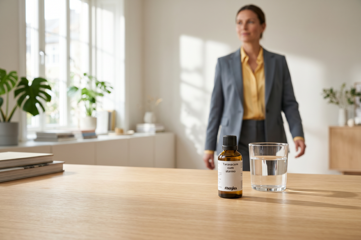 Den klassiske m�rkebrune apoteker-glasflaske fra Allergica. Etiketten har et roligt, klinisk og stilrent hvidt/gr�t design med navnet Taraxacum cum stanno tydeligt centreret. Flasken indeholder 50 ml dr�ber og har en indbygget dr�bet�ller.