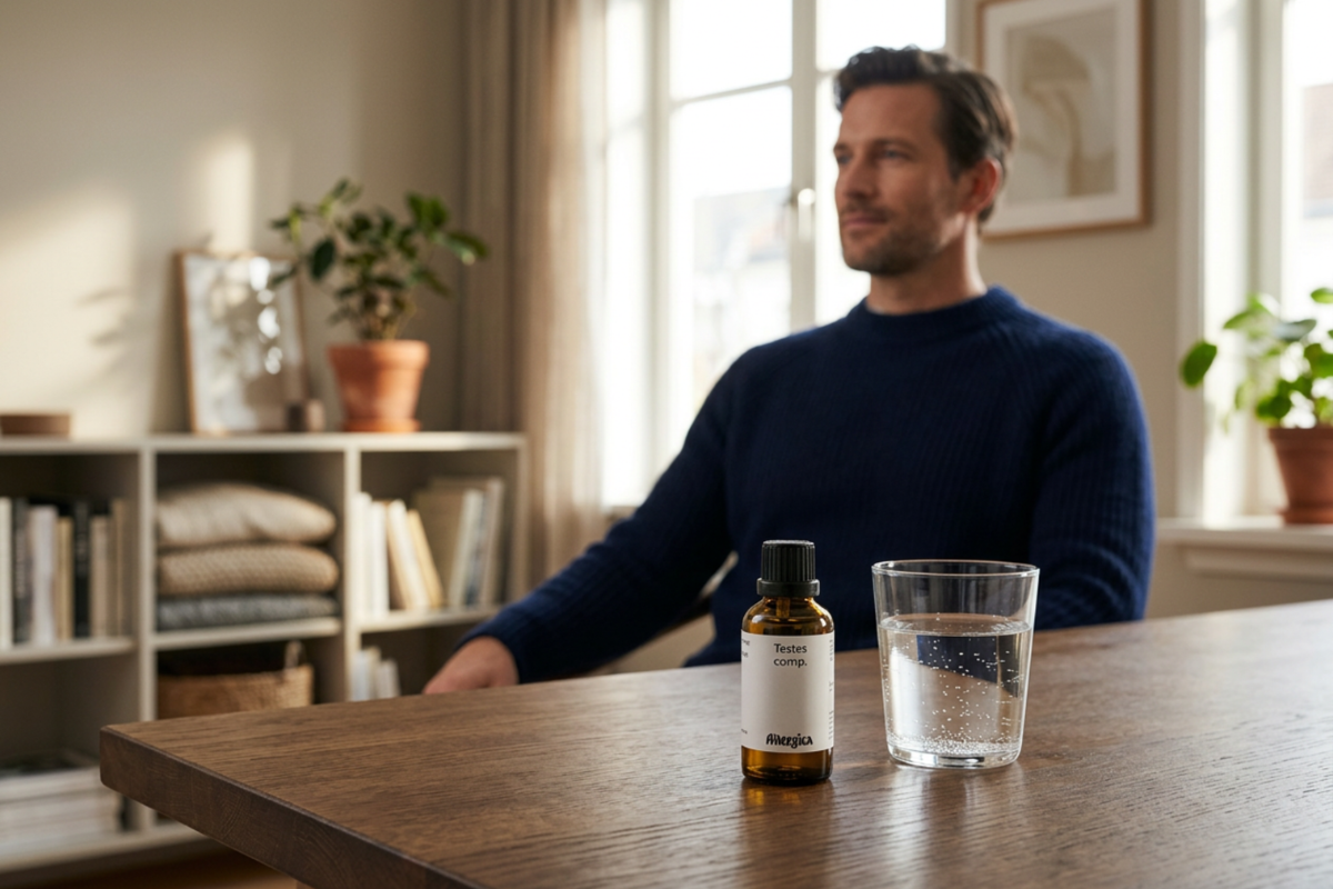 Den klassiske m�rkebrune apoteker-glasflaske fra Allergica. Etiketten har et roligt, klinisk og stilrent hvidt/gr�t design med navnet Testes comp. tydeligt centreret. Flasken indeholder 50 ml dr�ber og har en indbygget dr�bet�ller.