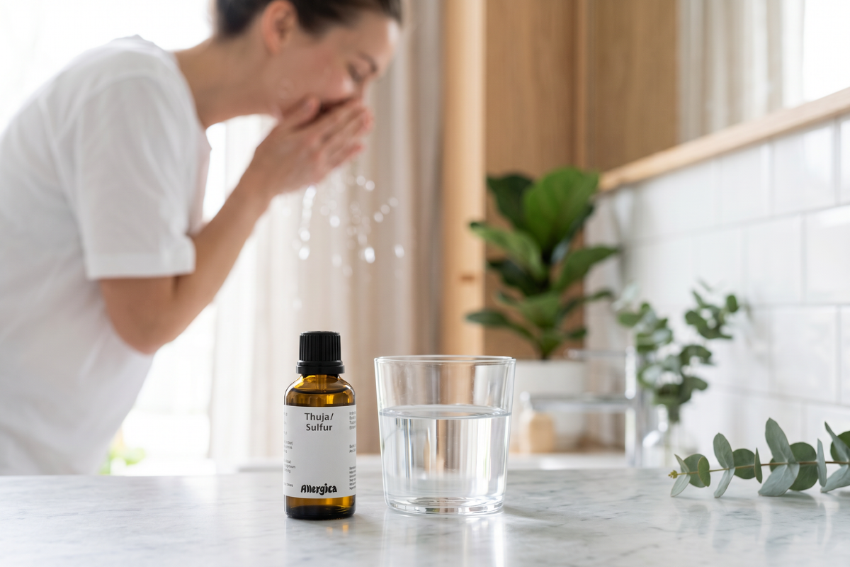 Den klassiske m�rkebrune apoteker-glasflaske fra Allergica. Etiketten har et roligt, klinisk og stilrent hvidt/gr�t design med navnet Thuja/Sulfur tydeligt centreret. Flasken indeholder 50 ml dr�ber og har en indbygget dr�bet�ller.