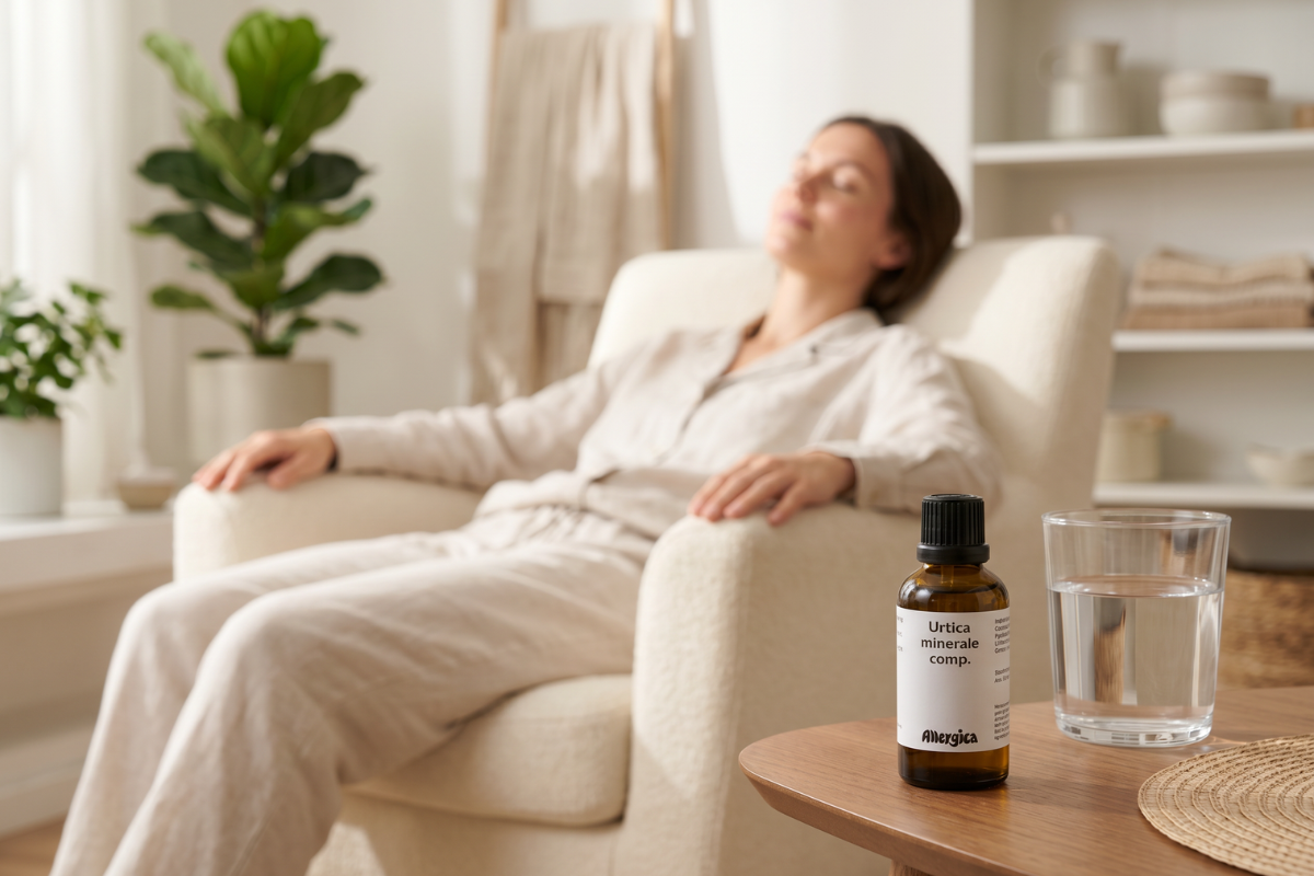 Den klassiske m�rkebrune apoteker-glasflaske fra Allergica. Etiketten har et roligt, klinisk og stilrent hvidt/gr�t design med navnet Urtica minerale comp. tydeligt centreret. Flasken indeholder 50 ml dr�ber og har en indbygget dr�bet�ller.