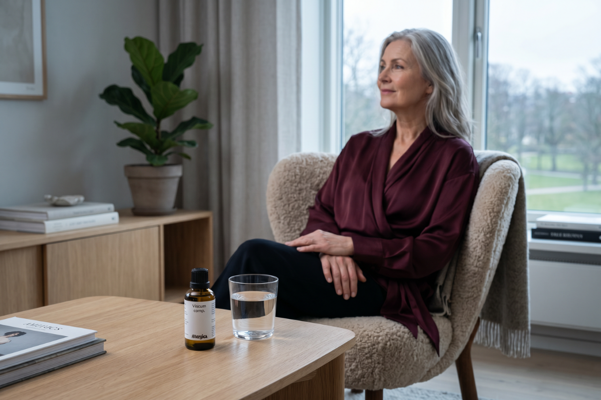 Den klassiske m�rkebrune apoteker-glasflaske fra Allergica. Etiketten har et roligt, klinisk og stilrent hvidt/gr�t design med navnet Viscum comp. tydeligt centreret. Flasken indeholder 50 ml dr�ber og har en indbygget dr�bet�ller.