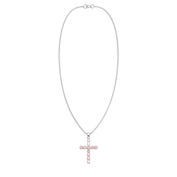 Indian Devotional Pendants - Silver Plated (45cm Chain)- Rose Quartz Crucifix