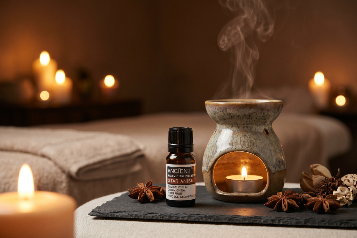 En m�rk, ravfarvet glasflaske med sort l�g indeholdende 10ml �terisk olie. Etiketten siger 'Ancient Wisdom / Star Anise / Illicium Verum'.