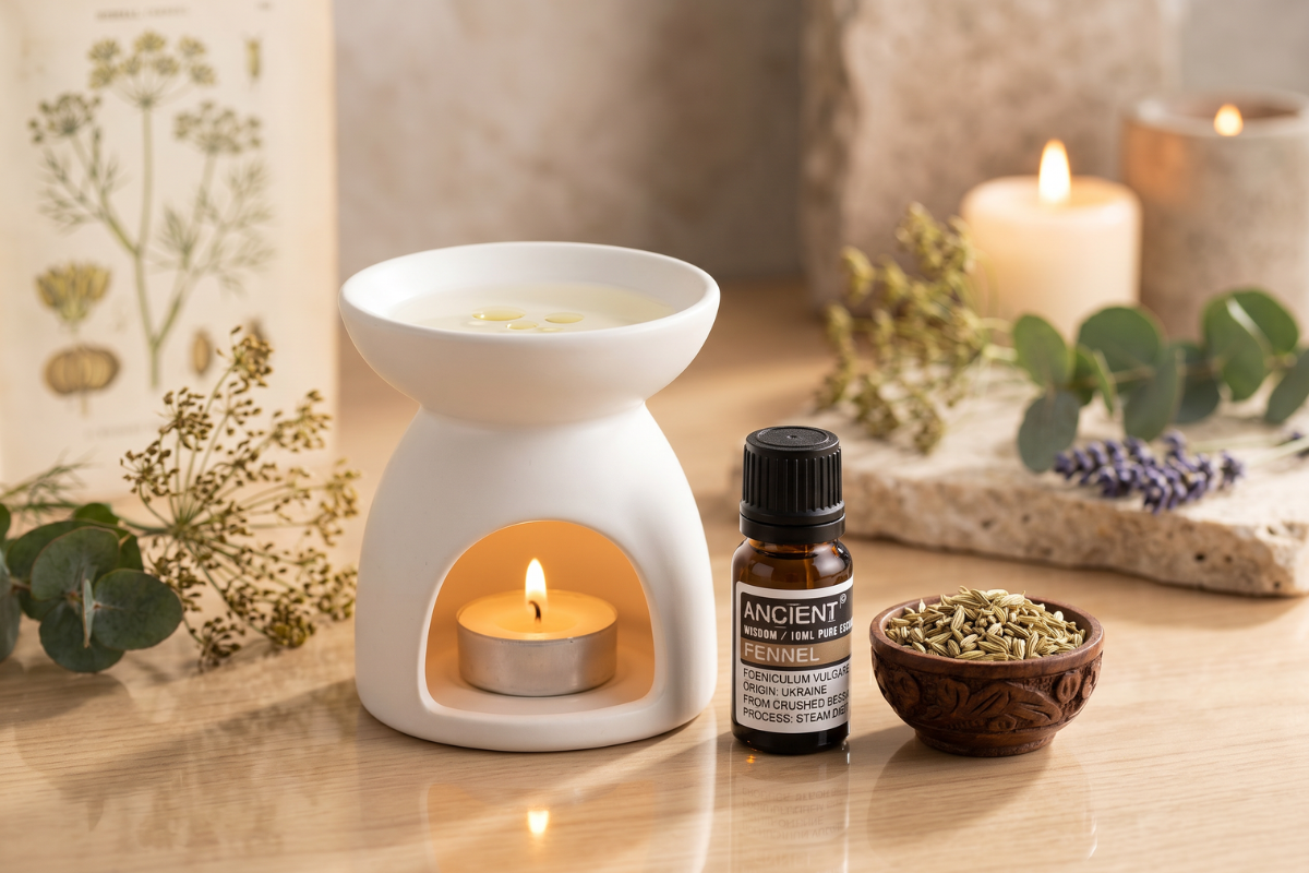 En lille m�rk glasflaske med �terisk olie. Etiketten har en gyldenbrun stribe og teksten 'Ancient Fennel'.
