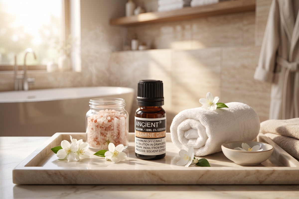 En m�rk, ravfarvet glasflaske med sort l�g indeholdende 10ml �terisk olie. Etiketten siger 'Ancient Wisdom / Jasmine Dilute / 5% Dilution in Grapeseed Oil'.