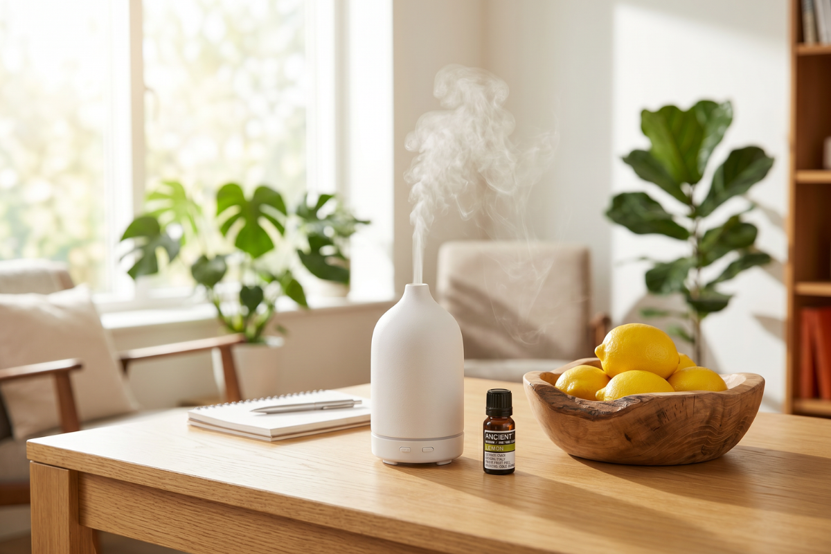En m�rk, ravfarvet glasflaske med sort l�g indeholdende 10ml �terisk olie. Etiketten siger 'Ancient Wisdom / Lemon / Citrus Limon'.