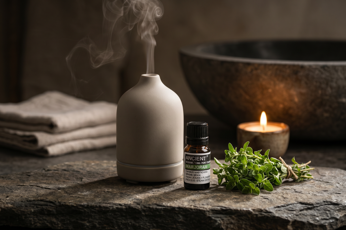 En lille m�rk glasflaske med �terisk olie. Etiketten har en gr�n stribe og teksten 'Ancient Marjoram'.