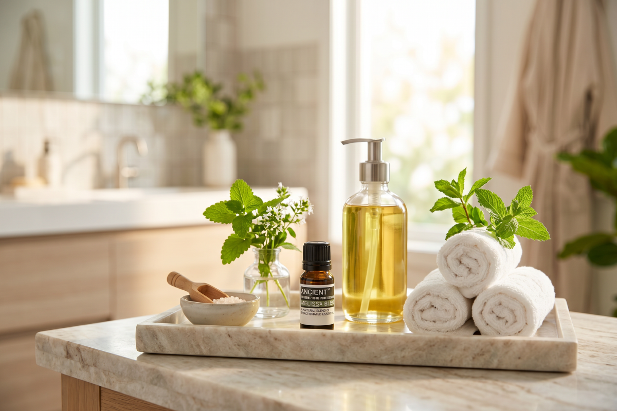 En m�rk, ravfarvet glasflaske med sort l�g indeholdende 10ml �terisk olie. Etiketten siger 'Ancient Wisdom / Melissa Blend / A Natural Blend of Fractionated Essential Oils'.