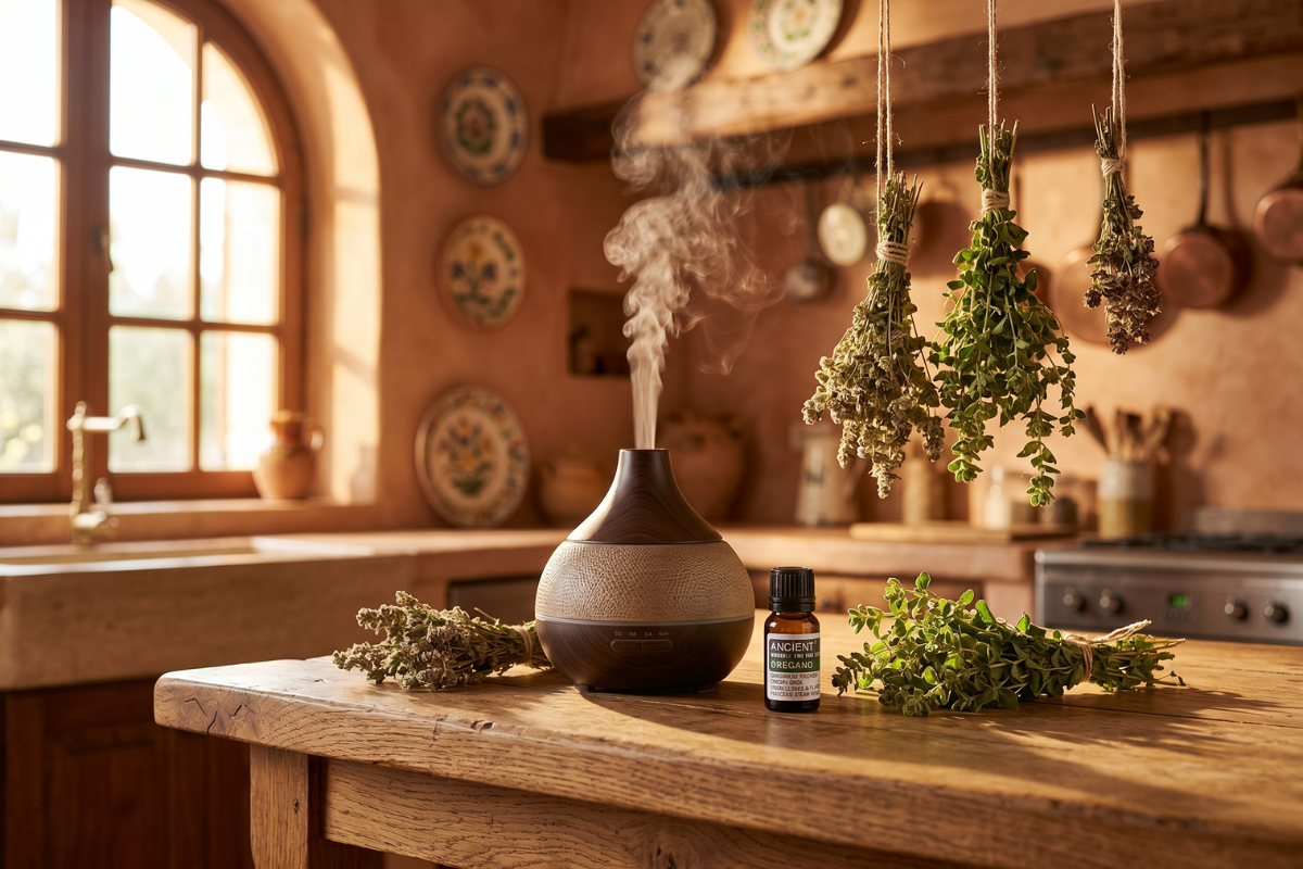 En m�rk, ravfarvet glasflaske med sort l�g indeholdende 10ml �terisk oregano olie. Etiketten siger 'Ancient Wisdom / Oregano / Origanum Vulgare'.